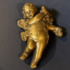 Vintage Gold Chalkware Cherub Wall Hanging Angel Cupid E2 picture