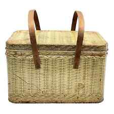 Vintage 1950's Decoware Tin Litho Picnic Basket Straw Weave Design Wood Handles picture