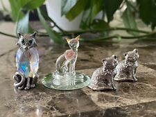 Lot of 4 vintage miniature cat figurines glass crystal pewter metal Glass Baron picture