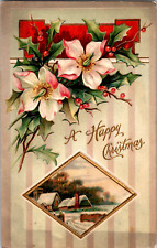 Vintage C. 1909 A Happy Christmas Holly Flower Bouquet Winter Farm Postcard PA picture