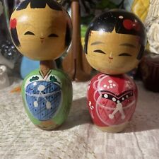 Pair Vintage Large Wooden Japanese Bobbleheads Nodders picture