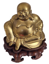 vintage Brass Sitting Happy Buddha Laughing with wood stand LARGE 10