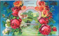 Antique Birthday Postcard~ROSES & Daisies~PASTORAL VIEW~Creek~FOOTBRIDGE~Germany picture