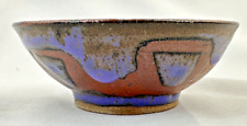 Vtg Glazed Blue Purple Design Handmade Stoneware Art Pottery Trinket Dish Bowl picture