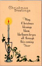 Christmas Greetings Candle Bloom Flowers Written On Dated 1924 Antique Postcard picture