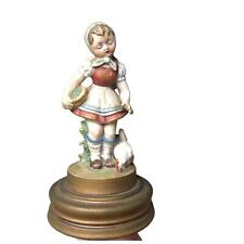 Vintage Schmid Girl Tending Her Chickens Ceramic Music Turns on Box Wood Base picture