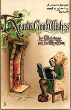 Embossed Tuck Postcard Christmas Series C 5633 Warm Heart Man Reads By Fire picture