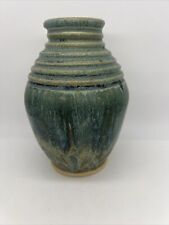 Studio Art Pottery Stoneware Vase Jar Green Blue Glaze Signed 6.5” picture