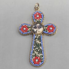 Vtg Italian Micro Mosaic Cross Pendant Pope John Paul II Multicolor picture