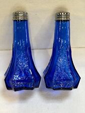 Vintage Salt and Pepper Shakers Cobalt Blue/Etching Pattern On Glass. picture