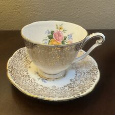 Vintage Queen Anne Bone China Tea Cup & Saucer - gold with Rose picture