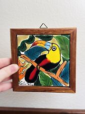 Hand Painted Ceramic Toucan Bird Art Tile with Wooden Back - Made in Costa Rica picture