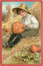 Tuck Halloween Postcard 174 Boy Carves Jack o Lantern by Haystack, F. Brundage picture