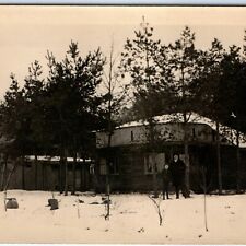 c1910s European Winter Farm House RPPC Father & Son Real Photo Postcard Snow A85 picture