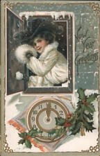 New Year/Lady 1908 New Year Greetings Tuck Antique Postcard Vintage Post Card picture