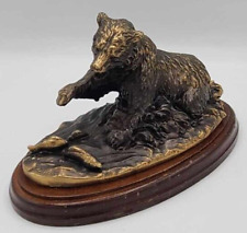 Signed Terrell O'Brien Heavy Brass Sculpture of Grizzly Bear Fishing Salmon 8.5