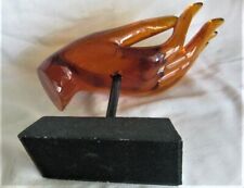 Vintage Retro AMBER LUCITE Acrylic Flat Palm DISPLAY HAND on a Black Base picture
