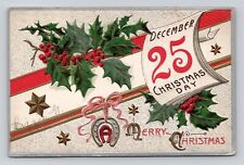 Postcard December 25 Christmas Day Merry Christmas Embossed Holly 1910 picture