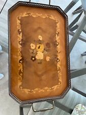 Vintage Italian inlaid wood floral serving tray with brass trim and handles picture