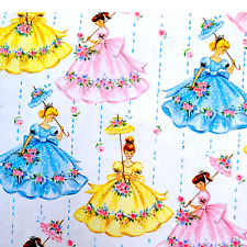 Vintage Pretty Girl Doll Parasol Ball Gown Wrapping Paper 1950s 1960s Pink Blue picture