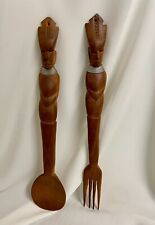 Vintage 1960s Carved Tiki Style Salad Set Angry Dudes Wooden With Metal Accents picture
