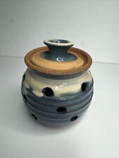 Garlic Jar with Lid in Angular Blues & Whites. Signed picture