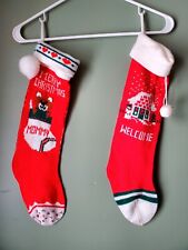 Set of 2 Vintage Knit Stockings Red Christmas Mommy Welcome picture