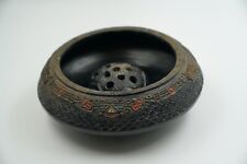 Vintage Antique Black Glass Japanese Flower Frog Bowl W/ Frog picture