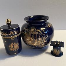 Limoges Blue 24K Gold Porcelain Set Of 3 Vase Trinket Box Bell picture