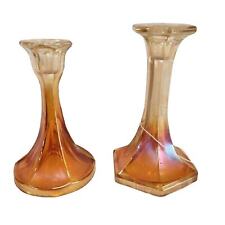 Vintage 1930s JEANETTE Marigold Carnival Glass Tree of Life Candlestick Holders picture