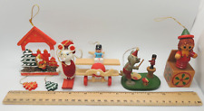 Vintage Lot: 5 Wooden Christmas Ornaments Taiwan Wood Jack in Box Bi-Plane Mouse picture