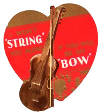 Vintage Valentine Card Die Cut Heart Violin Won't String You Along My Bow c1930s picture