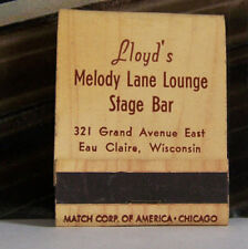 Rare Vintage Matchbook F3 Eau Claire Wisconsin Lloyd's Melody Lane Lounge Bar picture
