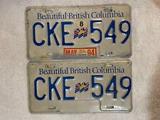 PAIR OF BRITISH COLUMBIA LICENSE PLATES BEAUTIFUL CKE 549 MAY 1994 CANADA picture