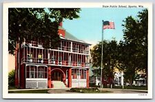 Sparta Wisconsin~State Public School~Flag in Front~Linen Postcard picture
