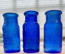 3 Small Cobalt BROMO SELTZER Bottles Blue Vintage Glass Medicinal Baltimore, MD. picture