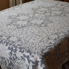 Vtg Quaker Lace Rect Tablecloth Ant White Ecru w Floral w Picot Edges 57 x 76