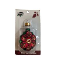 VTG Sterling blown glass green red poinsettia gold glitter mini ornament sealed picture