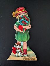 Vintage Mechanical Die Cut Valentine Girl W/ flowers & dog Germany Easel Back picture