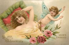 Embossed Valentine Postcard 2533 Beautiful Woman & Butterfly Cupid Love's Errand picture