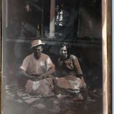 c1910s Outdoor Couple Picnic RPPC House Porch Handmade Border OOAK Man Hat A251 picture