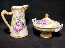 Antique Vintage LIMOGES FRANCE Hand Painted Floral Lidded Bowl And Pitcher Set picture