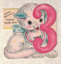 VINTAGE 1940'S HAPPY BIRTHDAY THREE YEAR OLD CUTE KITTEN HALLMARK CARD picture