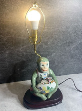 RARE - Vintage Chinese Tobacco Leaf Porcelain Monkey Lamp Holding Bowl picture