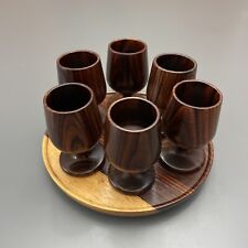 Set of 6 Vintage Mini Solid Wood Wine/Shot Glasses W/Serving Plate Carved FLAW picture