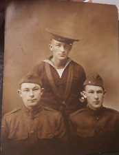 WWI Military Twin Army Soldiers Navy Sailor Antique Sepia Photo picture