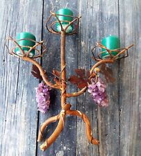 BRUTALIST HANDCRAFTED IRON & BRONZE GRAPEVINE BRANCHES CANDLE HOLDER, AMETHYST picture
