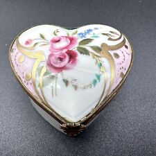 Limoges France Facon Main Heart Trinket Box Signed Roses Gold Floral Medallion picture