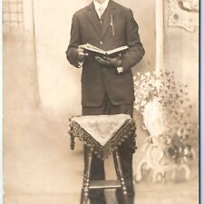 ID'd c1910s Handsome Young Man Read Bible RPPC Real Photo Philip Hooverman A143 picture