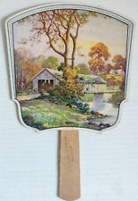 Vintage/Antique Advertising Paper Cardboard Hand Held Paddle Fan Covered Bridge  picture